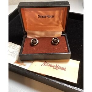 vintage neiman marcus silver tone flower petal clip earrings with gem stone rose